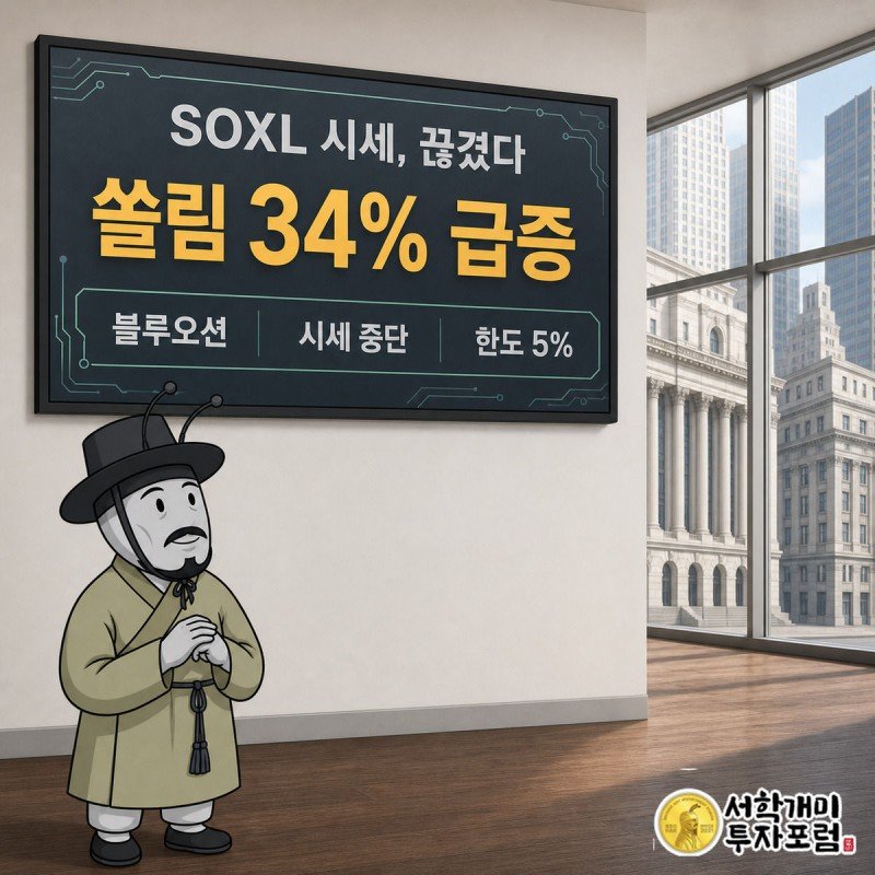 SOXL 시세가 회색으로 꺼진 스마트폰 화면을 부자개미가 낭패한 표정으로 들여다보는 그림