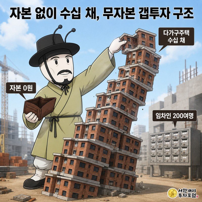 개미가 빈 지갑을 든 채 자본 0원 라벨이 붙은 다가구주택 블록을 계속 쌓아 올리는 인포그래픽.