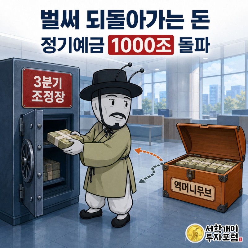 개미가 투자상품 상자에서 돈을 꺼내 정기예금 금고로 되돌리며 뒤돌아보는 모습으로 정기예금 1000조 돌파를 보여주는 삽화