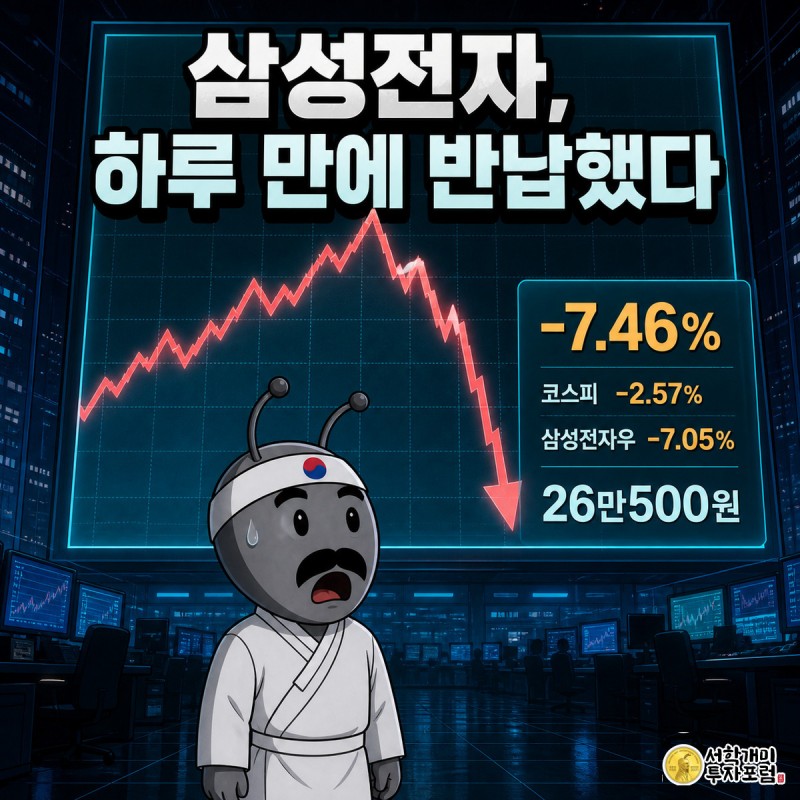 야간 거래장 대형 스크린에 삼성전자 주가가 절벽처럼 급락하는 그래프가 떠 있고, 그 아래 개미가 놀라고 낭패한 표정으로 올려다보는 장면