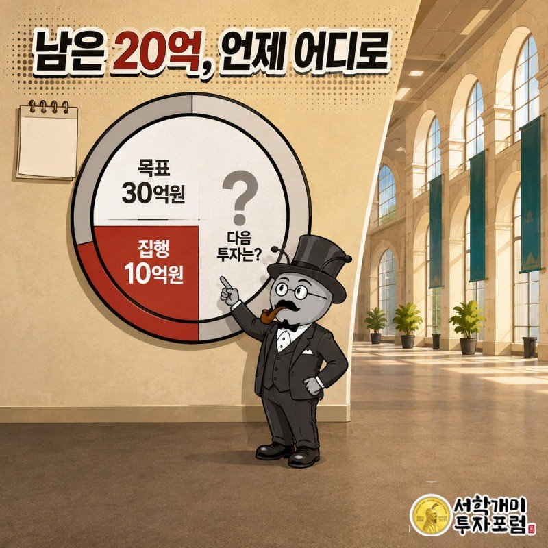 부자개미가 30억원 목표 게이지에서 10억원만 채워진 남은 구간의 물음표를 가리키는 그림
