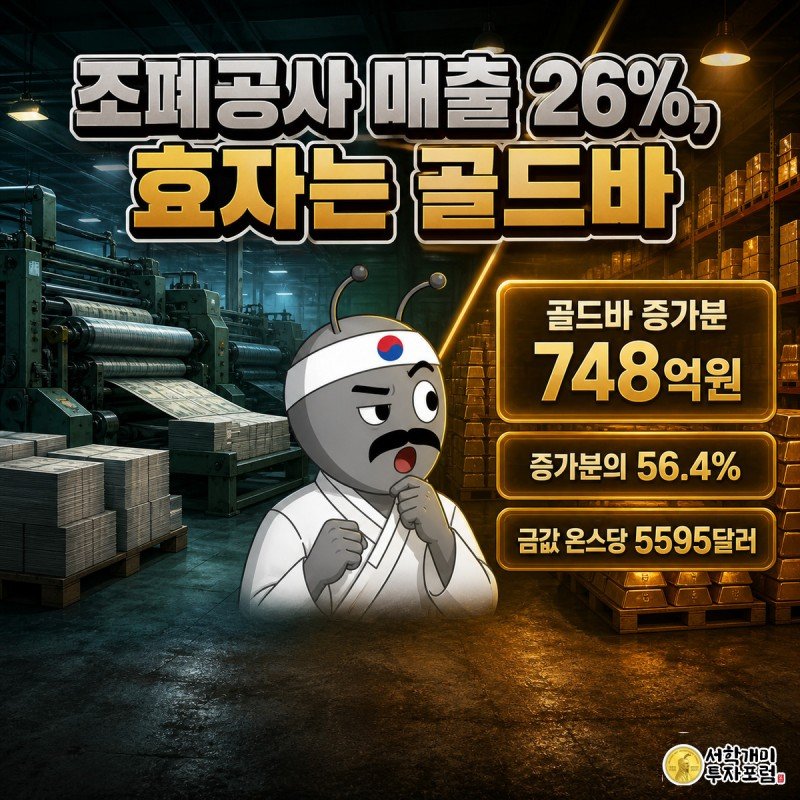 조폐공사 인쇄공장과 금빛 골드바 창고를 대각선으로 가른 장면에서 개미가 골드바 쪽을 놀란 표정으로 바라보고 있다