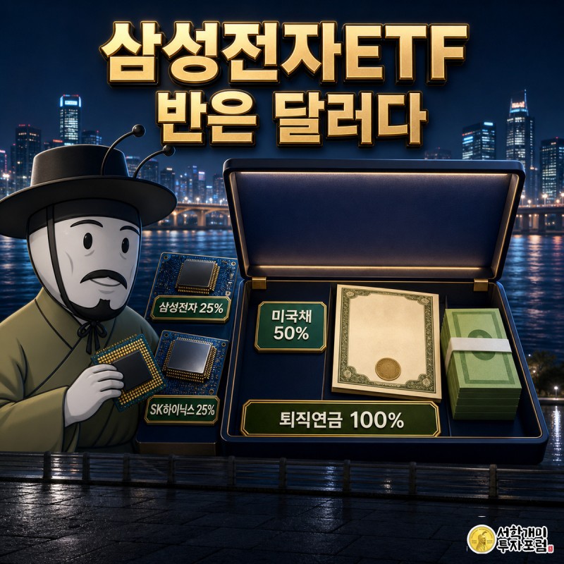 반으로 갈라진 ETF 상자에서 반도체 칩을 꺼내 든 개미가 놀란 표정을 짓고 있는 모습