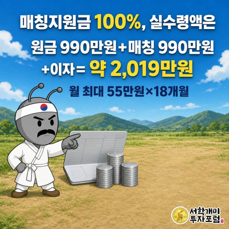 원금과 매칭지원금, 이자가 순서대로 쌓여 약 2,019만원이 되는 통장 클로즈업