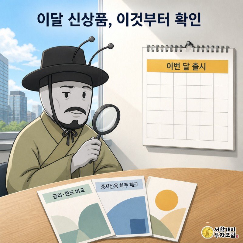 개미가 달력 앞에서 여러 은행의 중금리대출 신상품 전단지를 돋보기로 비교하는 그림