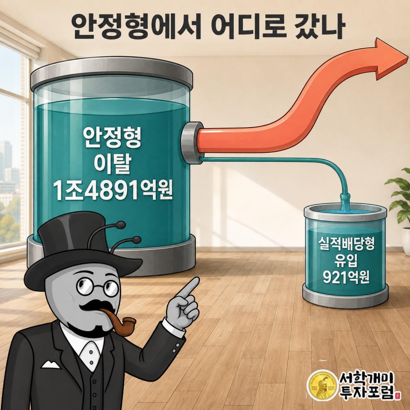 안정형 저수지에서 물줄기가 둘로 갈라져 대부분은 빠져나가고 일부만 실적배당형으로 흘러드는 것을 개미가 가리키는 그림