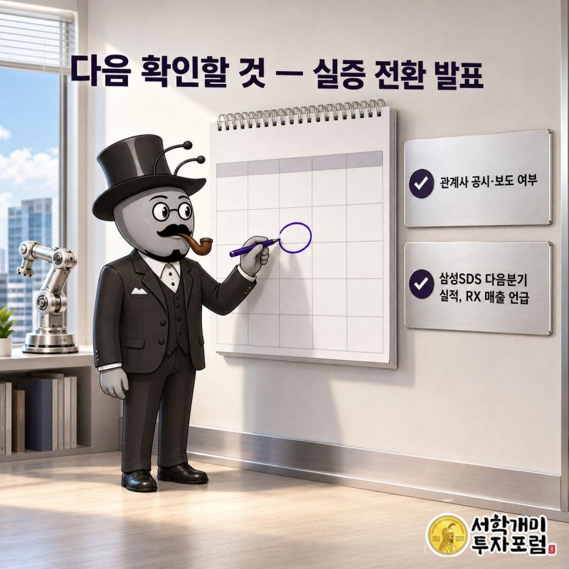 달력 앞에서 다음 분기 실적발표일에 동그라미를 치며 로봇전환 매출 언급 여부를 확인하는 개미 그림