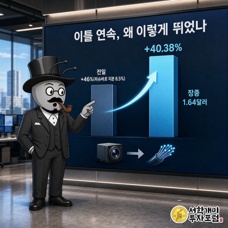 서민개미 캐릭터가 이틀 연속 급등한 고프로 주가 시황판을 가리키며 놀라는 모습