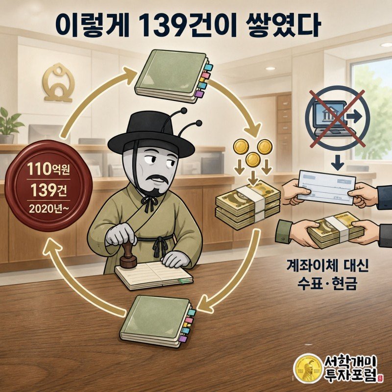 부자개미가 여러 이름의 통장 더미에 도장을 찍고, 순환 화살표를 따라 이자가 원금에 합쳐지며 계좌가 불어나는 과정을 보여주는 인포그래픽