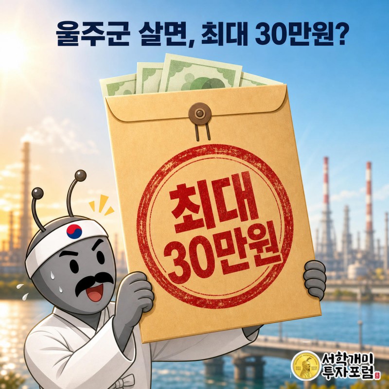 울산 시민안전보험 진단서 봉투에 최대 30만원 도장이 찍혀 있고 개미 캐릭터가 이를 들어올리며 놀라는 모습