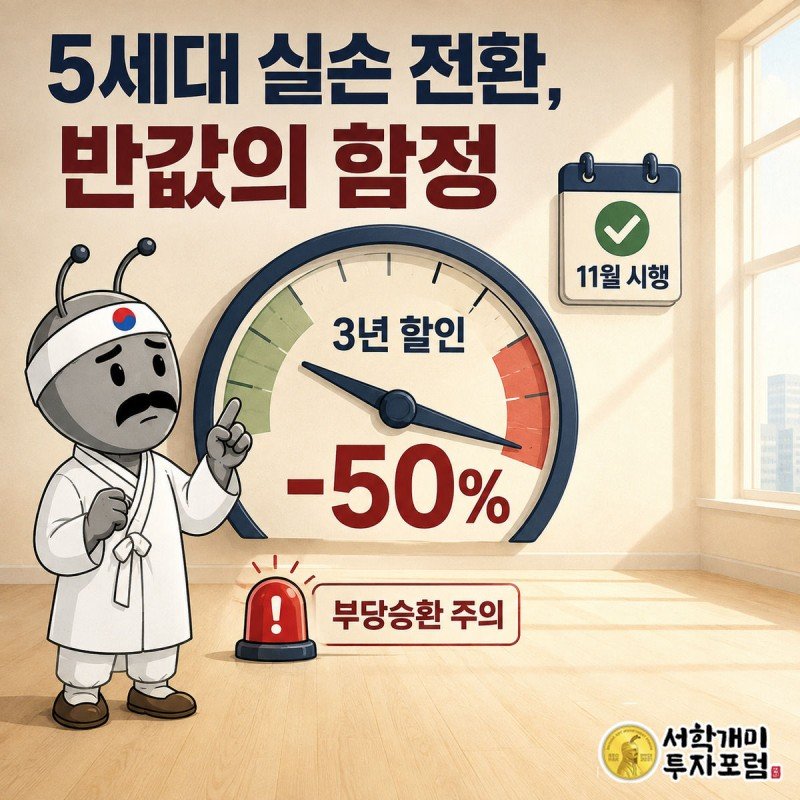 게이지 바늘이 -50%를 가리키는 가운데 서민개미가 반신반의한 표정으로 손가락질하는 5세대 실손보험 전환 안내 이미지
