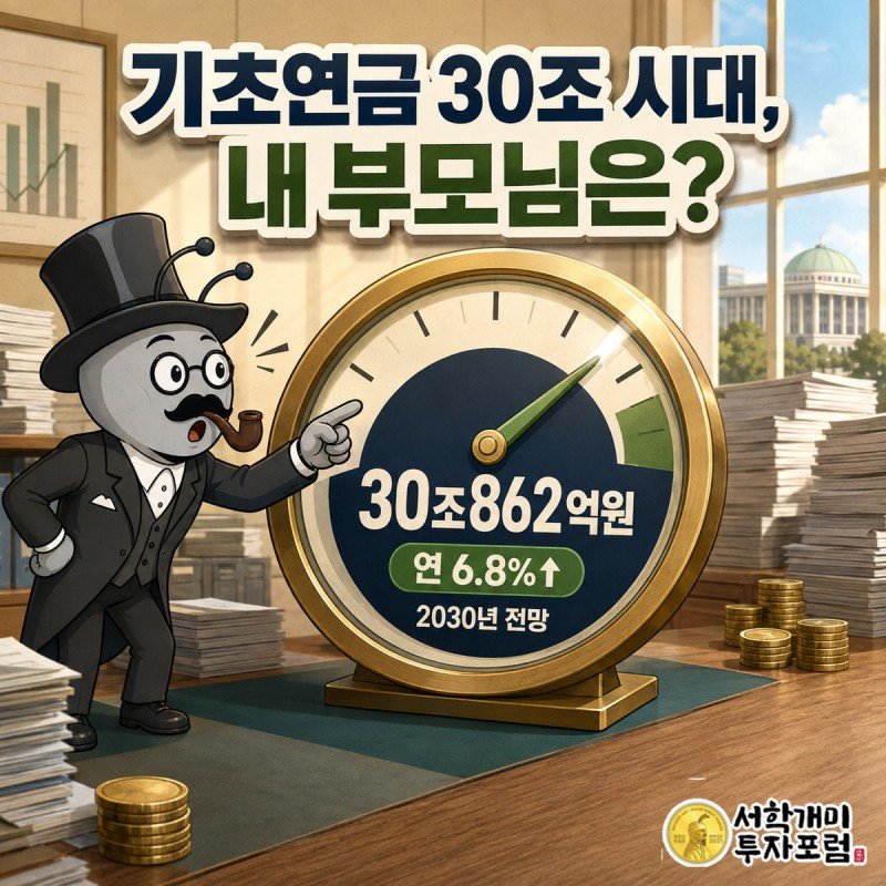 큰 계기판 바늘이 30조862억원을 가리키고 개미 캐릭터가 놀란 얼굴로 이를 올려다보는 모습