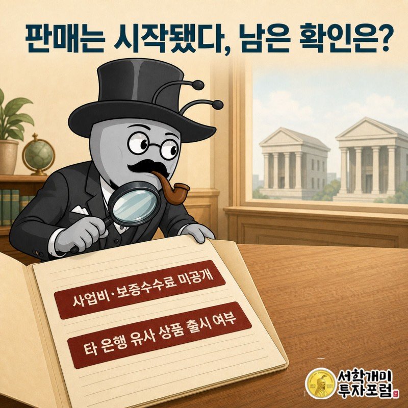 캐릭터가 돋보기로 빈칸인 약관을 살피며 멀리 다른 은행 건물을 곁눈질하는 모습