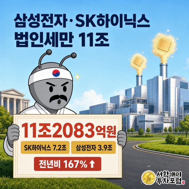 부자개미가 대형 붉은 도장이 찍힌 법인세 서류를 들고 놀란 표정을 짓고, 배경에는 반도체 팹 굴뚝과 국세청 건물이 보이는 그림