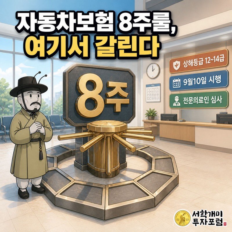 8주 눈금이 그려진 타임라인 위 경고 게이트 앞에서 서민개미가 의심스러운 표정으로 멈춰 선 자동차보험 8주룰 표지 이미지