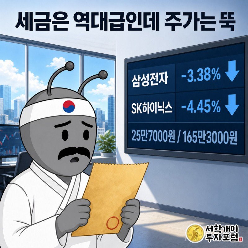 법인세 영수증을 든 개미가 파란 하락 화살표가 뜬 증권 전광판을 보고 당황하는 그림