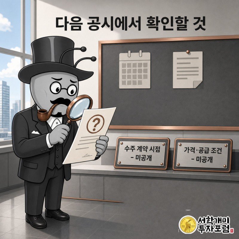 서민개미가 돋보기로 물음표 붙은 계약서를 살피며 걱정하는 모습