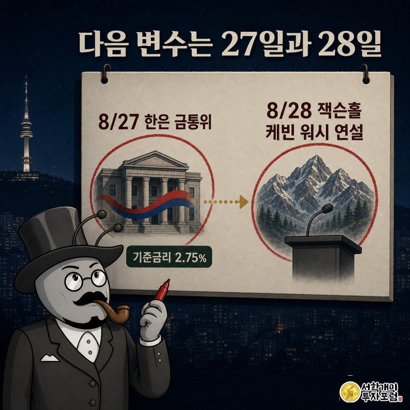 벽걸이 달력의 27일과 28일에 동그라미를 그리며 한은 금통위와 잭슨홀 케빈 워시 연설 일정을 긴장한 표정으로 확인하는 개미의 정보 일러스트