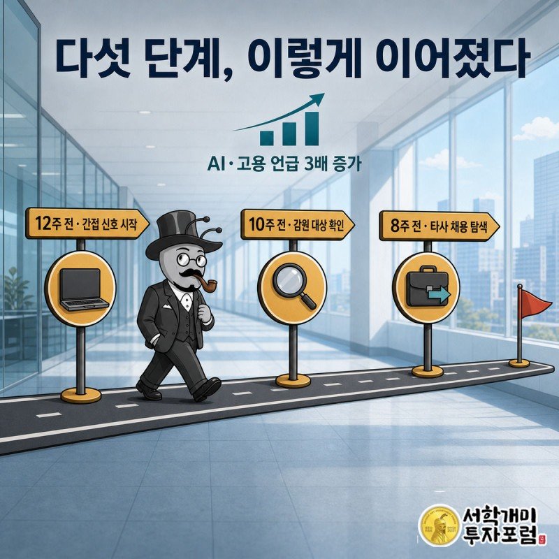 12주 전부터 발표까지 이어지는 다섯 단계 표지판 길을 개미가 걸어가는 모습