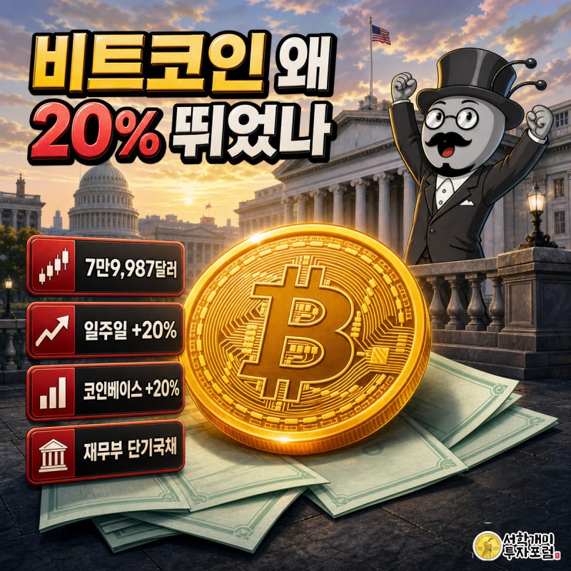 거대한 황금빛 비트코인 코인이 재무부 단기국채 서류더미를 뚫고 솟아오르고, 개미가 놀란 표정으로 두 팔을 들어 올려다보는 모습