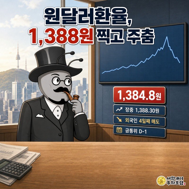외환 딜링룸 스크린 앞에서 개미가 1,388원까지 올랐다가 1,384.8원으로 꺾인 원달러환율 차트를 긴장한 표정으로 올려다보는 그림