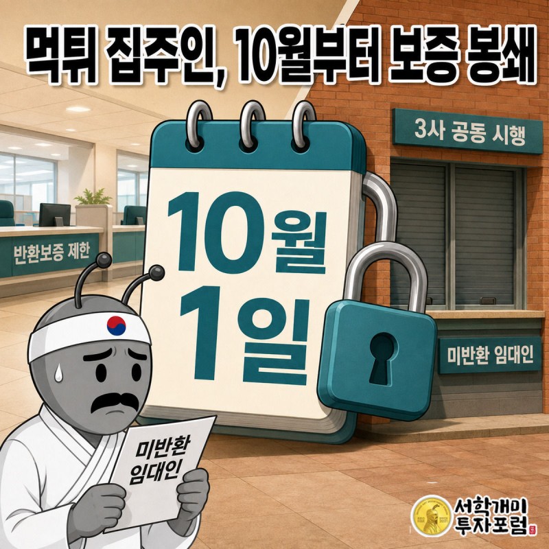 전세보증금을 돌려주지 않은 집주인이 10월 1일부터 보증기관 세 곳 모두에서 반환보증 발급을 거절당해 낭패한 표정을 짓는 장면