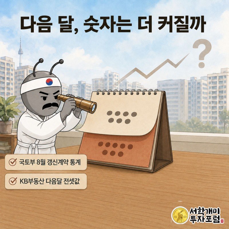 7월에서 8월로 넘어가는 달력 옆에서 망원경으로 다음 통계를 살피는 서민개미