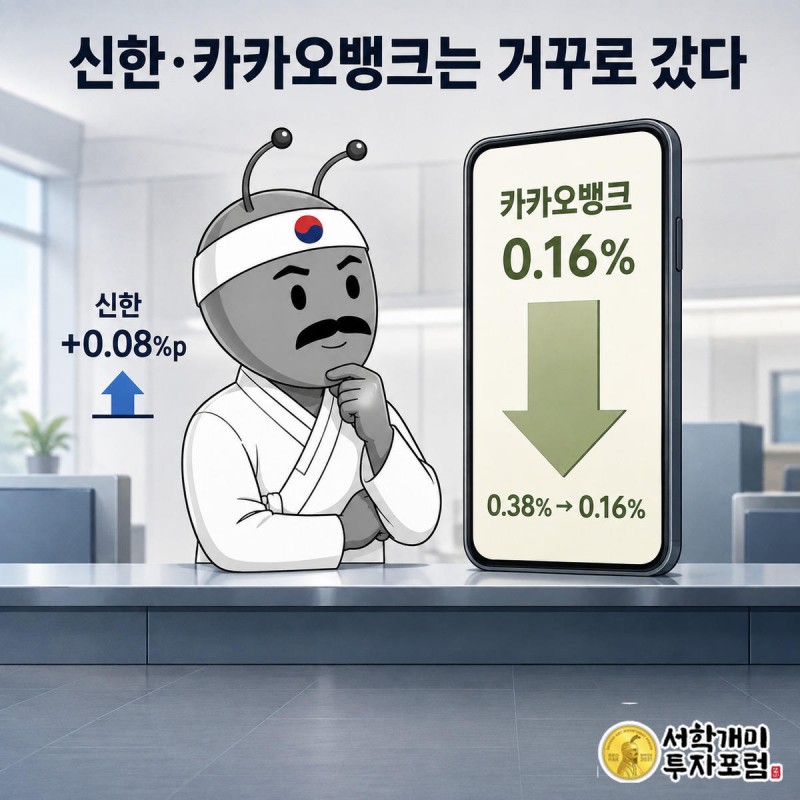 잔잔한 신한은행 창구와 연체율이 내려간 카카오뱅크 앱 화면을 보며 만족하는 개미가 대비되는 모습
