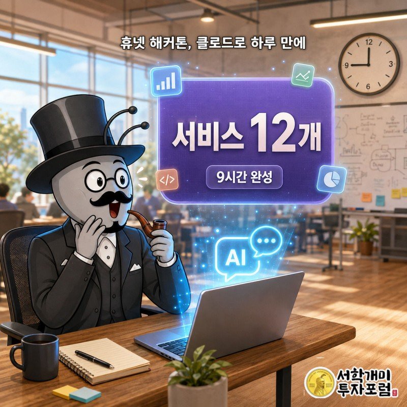 밝은 사무실 배경에서 서민개미가 노트북 앞에 앉아 놀란 표정으로 하늘색 AI 채팅창을 보고 있고, 그 위로 퍼플색 