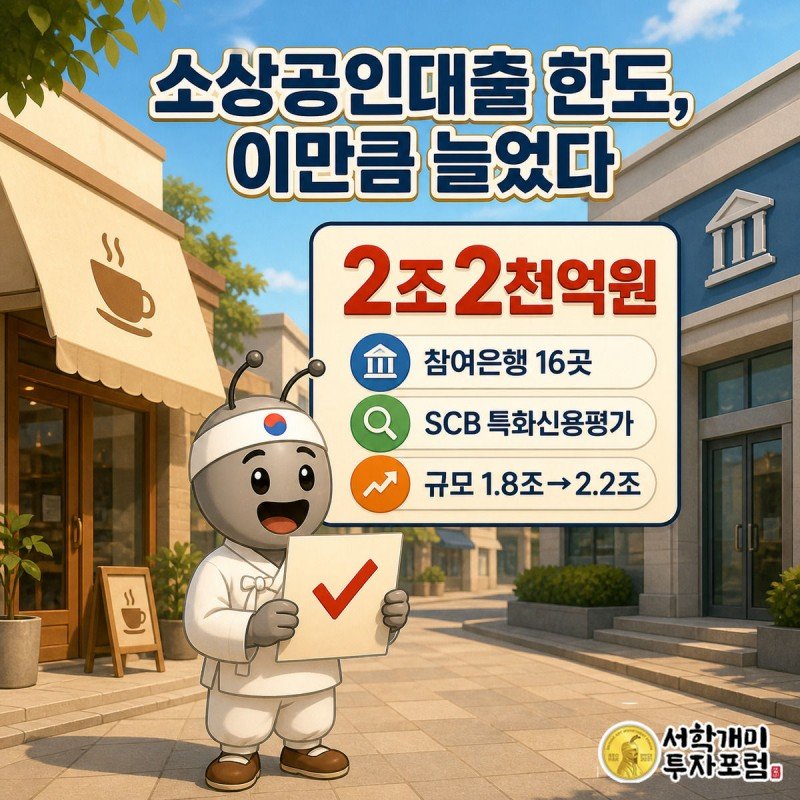 밝은 낮 상점가에서 서민개미가 대출승인 통지서를 들고 놀라며 기뻐하는 모습, 옆 위젯에 2조2천억원이라는 SCB 시범운영 규모가 표시돼 있다