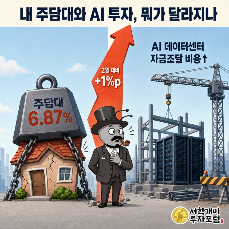 서민개미가 짓눌리는 집과 멈칫하는 AI 서버랙 사이에서 국채금리 상승 화살표를 바라보며 당혹해하는 모습
