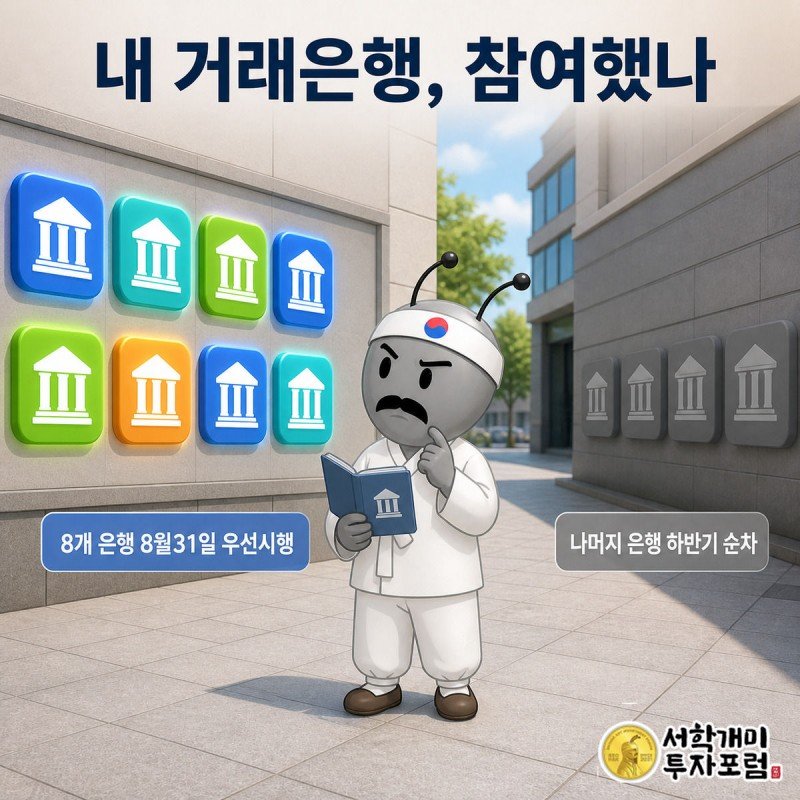 서민개미가 통장을 들고 켜진 간판 8개와 아직 꺼진 간판들이 늘어선 은행 거리를 확인하는 모습