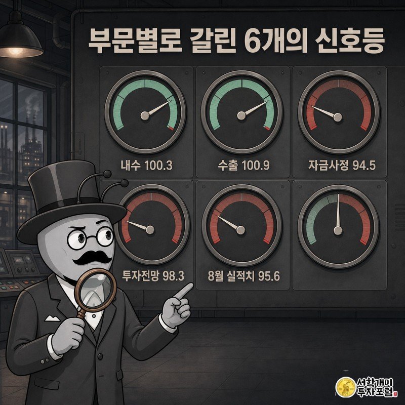 개미가 돋보기를 들고 초록빛과 붉은빛으로 나뉜 6개의 게이지 격자를 살피며 의심스러운 표정을 짓는 모습