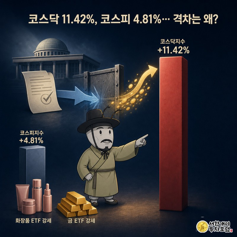 코스닥과 코스피 막대그래프를 비교하며 훨씬 높이 솟은 코스닥 막대를 개미가 가리키는 일러스트, 뒤로 화장품 병과 금괴 아이콘이 작게 보인다