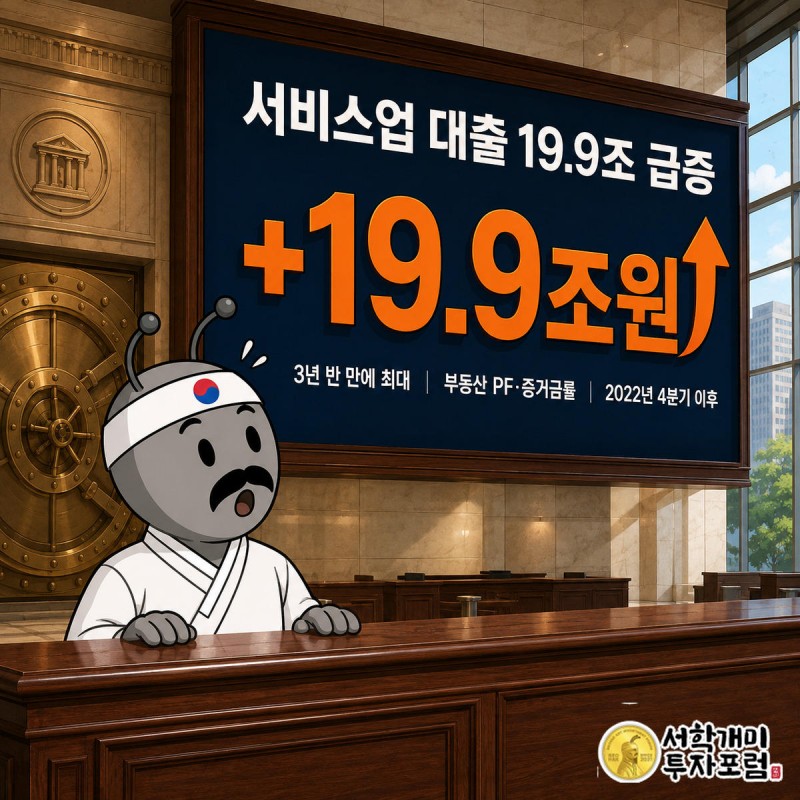 은행 영업점 그래프 앞에서 부자개미가 3년 반 만에 가장 크게 치솟은 서비스업 대출 막대를 놀란 표정으로 올려다보는 모습