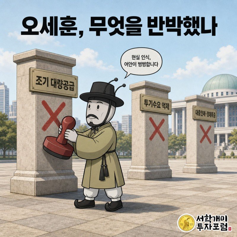 개미가 정부의 세 가지 주장이 적힌 기둥에 차례로 붉은 반박 도장을 찍는 장면