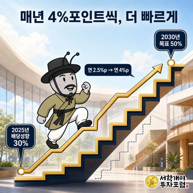 서민개미가 2025년 30%에서 2030년 50%까지 가팔라진 계단을 뛰어오르는 그림