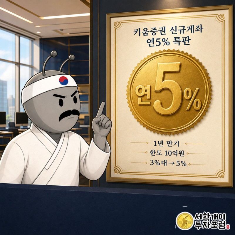 키움증권 신규 계좌 발행어음 특판 연 5% 금리를 화면 왼쪽 기존 3%대와 오른쪽 신규 5% 도장으로 대비해 보여주는 이미지