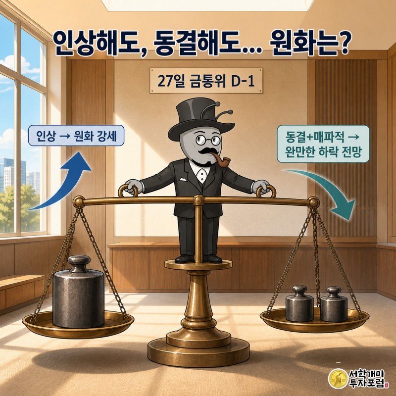 개미가 저울 위에서 금리 인상과 동결 시나리오를 양쪽에 두고 원화 향방을 신중하게 저울질하는 그림