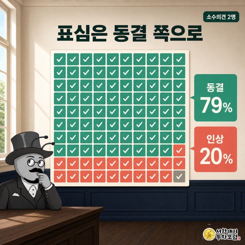 개미가 채권시장 설문 결과인 동결 79%, 인상 20% 투표판을 바라보며 신중한 표정을 짓는 그림