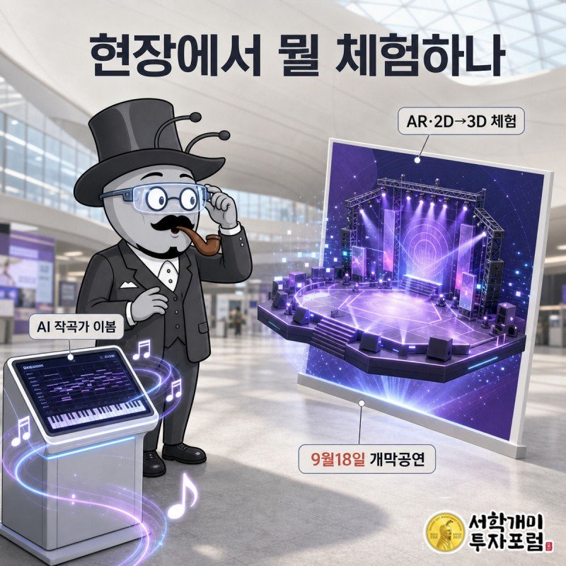 서민개미가 AR 글라스로 평면 포스터가 입체 K팝 무대로 떠오르는 것을 보며 감탄하고, 옆에는 AI 작곡가 콘솔 