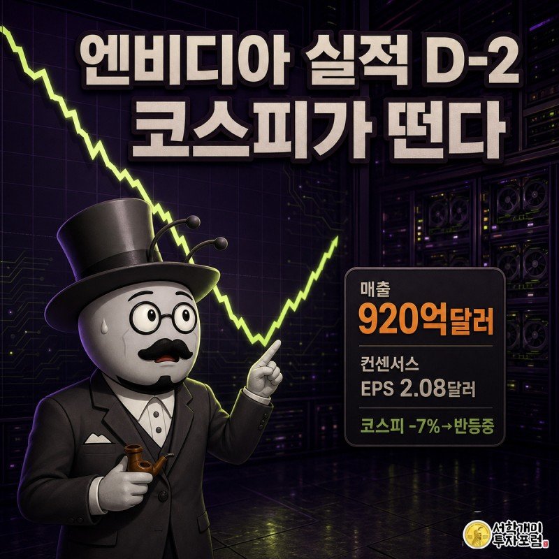 짙은 자주색 전광판 배경에 급락 후 반등을 시도하는 코스피 차트가 떠 있고, 개미가 화면 끝의 D-2 카운트다운과 매출 920억달러 위젯을 긴장한 표정으로 가리키는 삽화