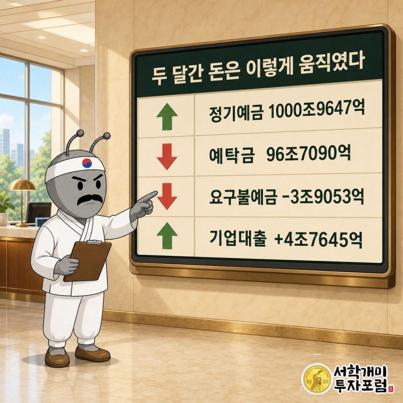 은행 현황판에 정기예금 증가, 예탁금 감소, 기업대출 증가 등의 수치를 화살표 아이콘과 함께 개미가 확인하는 이미지