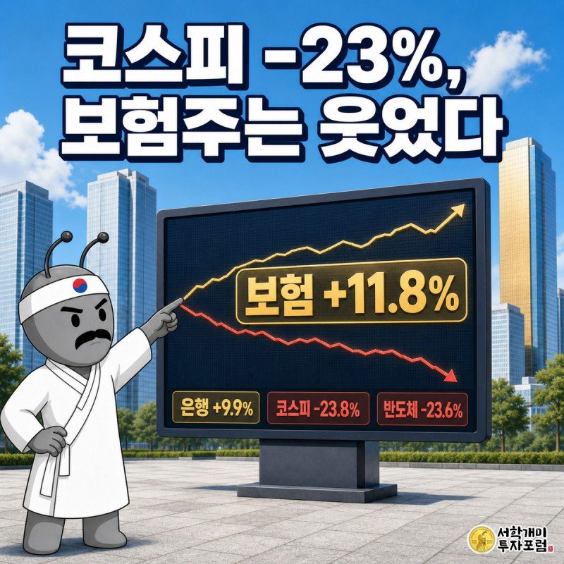 여의도 전광판 앞에서 개미가 급락하는 코스피 그래프 옆 급등하는 보험·은행 그래프를 가리키며 웃고 있는 모습