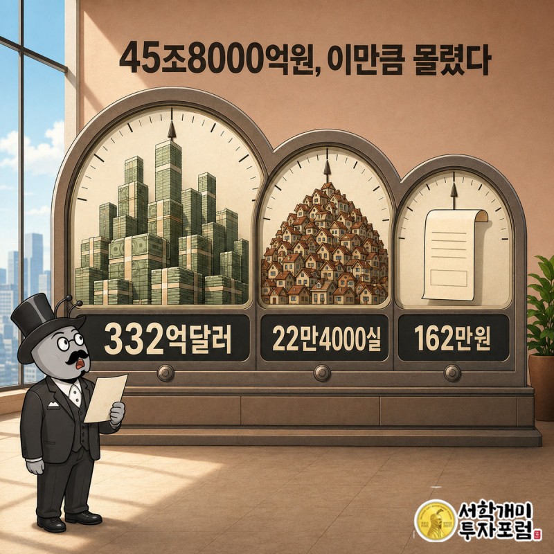 디지털 계기판에 332억달러, 22만4000실, 162만원 숫자가 뜬 것을 서민개미가 놀라며 올려다보는 그림