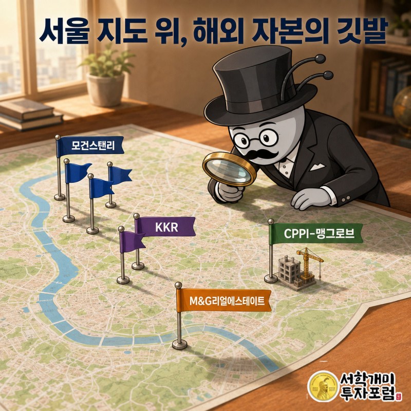서울 지도 위에 모건스탠리·KKR·CPPI·M&#038;amp;G리얼에스테이트 깃발이 꽂혀 있고 부자개미가 돋보기로 살펴보는 그림