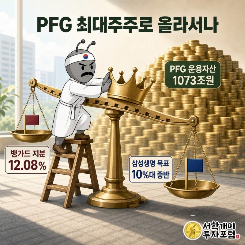 개미가 저울 위에서 PFG 왕관을 뱅가드에서 삼성생명 쪽으로 옮겨 얹는 모습