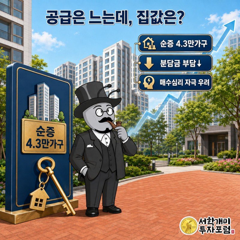 청약 물량 확대에 반기는 개미와 오르는 집값 그래프를 의심스레 보는 개미를 좌우로 대비한 그림