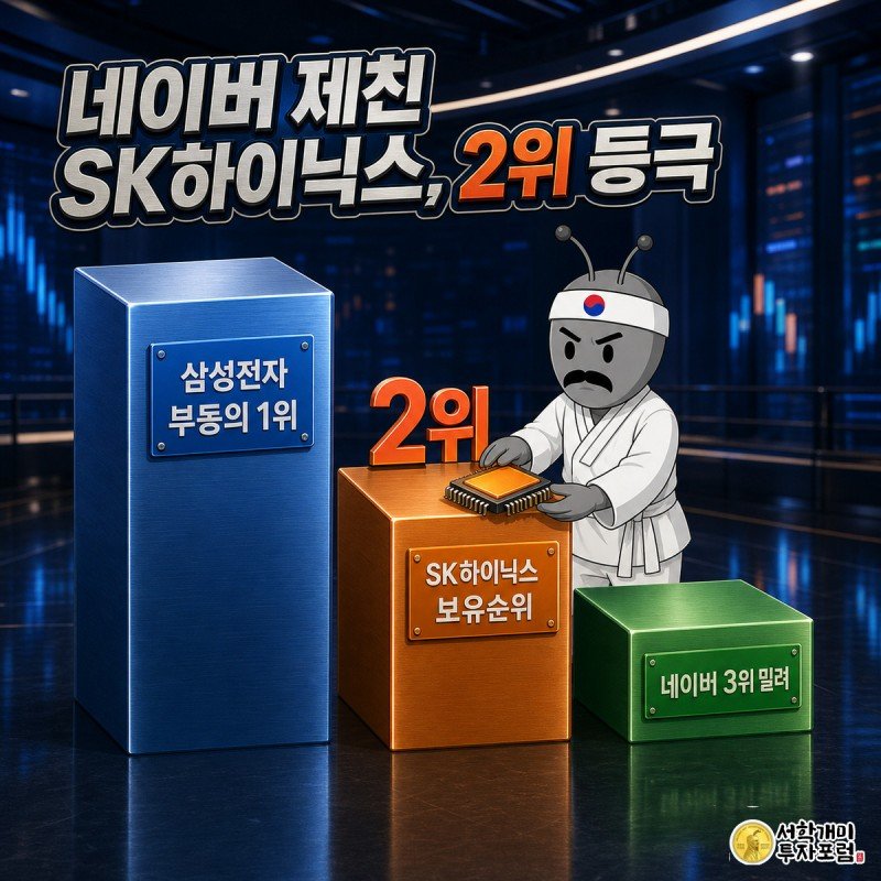시상대에서 초록 네이버 명패를 내리고 주황색 SK하이닉스 칩 명패를 올리는 개미들을 그린 정보 일러스트, 화면 가운데 띠에 제목과 2위라는 핵심 수치가 담겨 있다