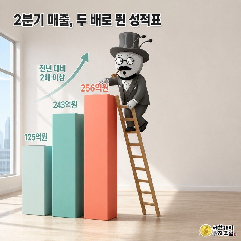 전년 동기부터 2분기까지 계단식으로 오르는 매출 막대그래프를 개미가 사다리를 타고 오르며 확인하는 이미지